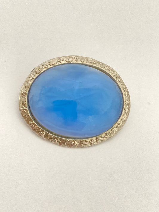 Blue Star Sapphire Glass Oval Brooch w/ Moon and Stars