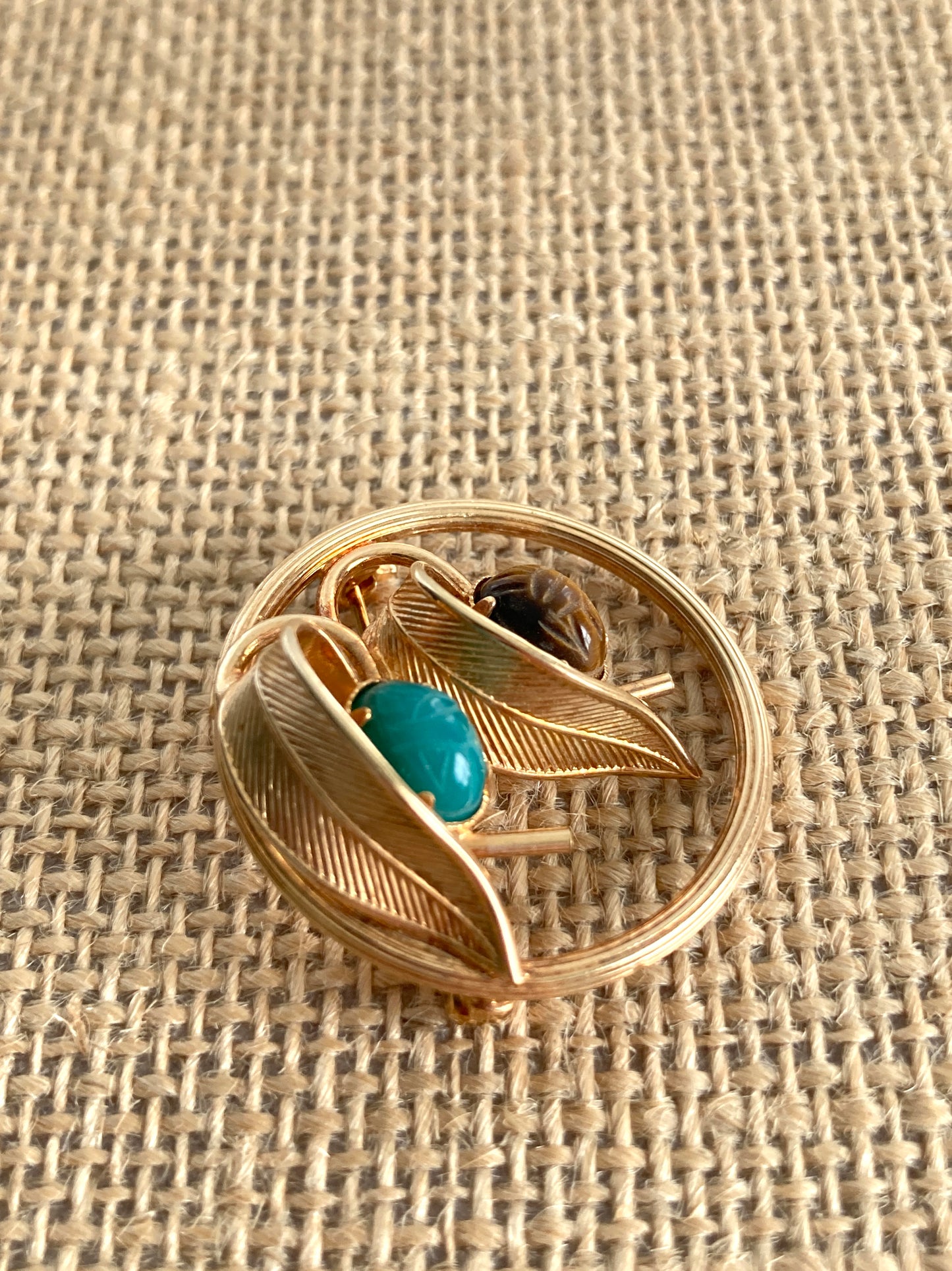 Egyptian Revival Circle Brooch w/ Scarabs 14k GF