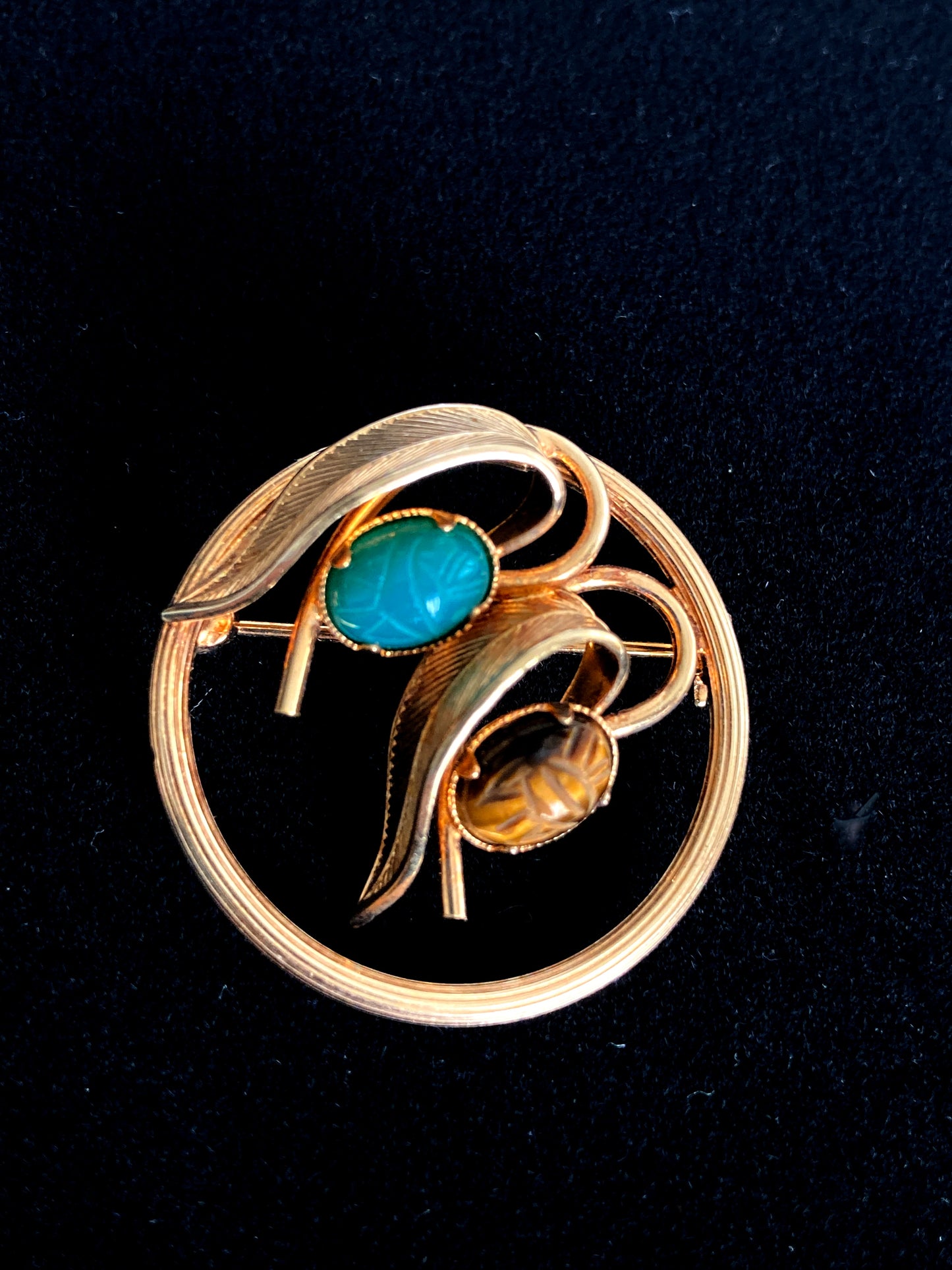 Egyptian Revival Circle Brooch w/ Scarabs 14k GF