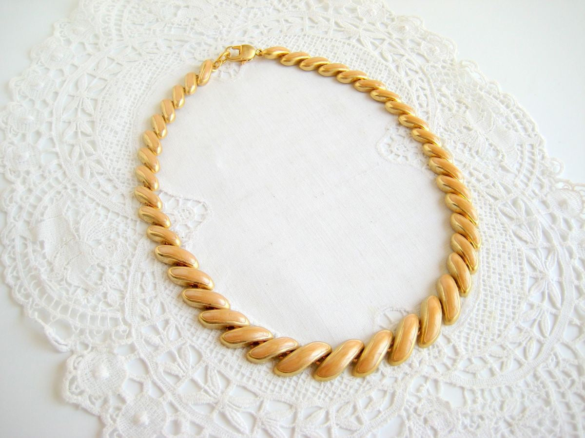 Gold Tone & Apricot Enamel Necklace