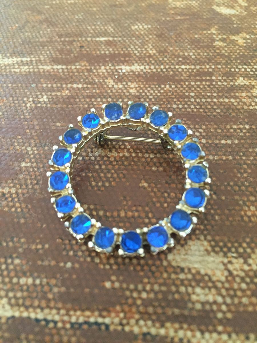 Sapphire Blue Rhinestone Circle Brooch