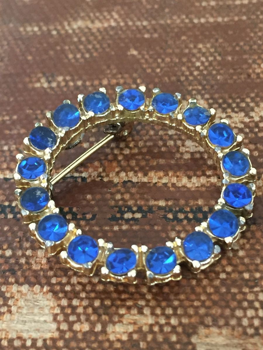 Sapphire Blue Rhinestone Circle Brooch