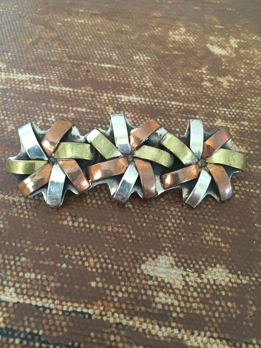 Vintage Tri-tone Metal Brooch Abstract Flowers