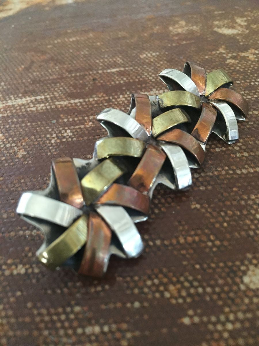 Vintage Tri-tone Metal Brooch Abstract Flowers