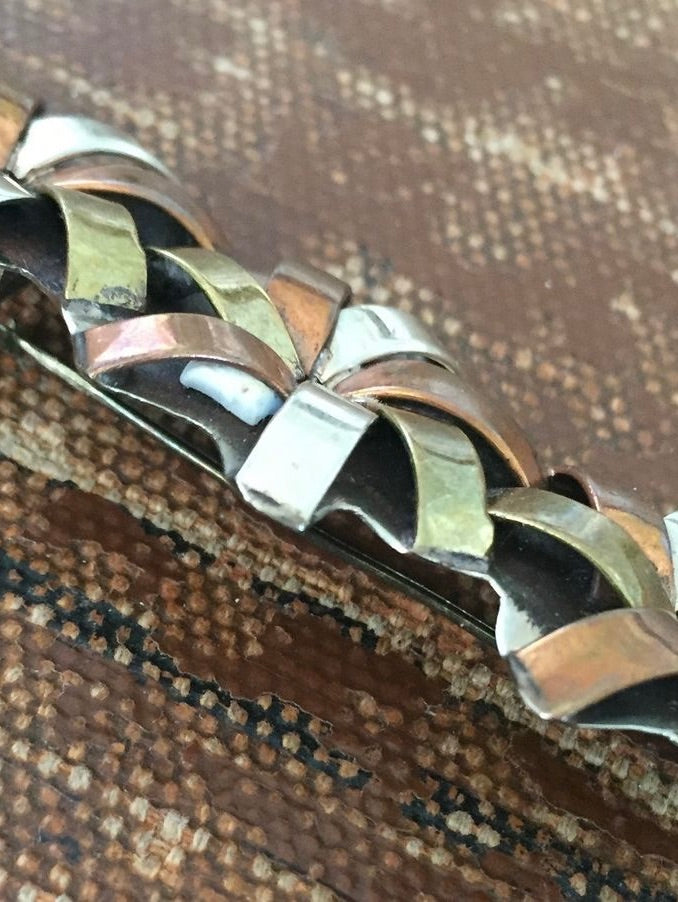 Vintage Tri-tone Metal Brooch Abstract Flowers