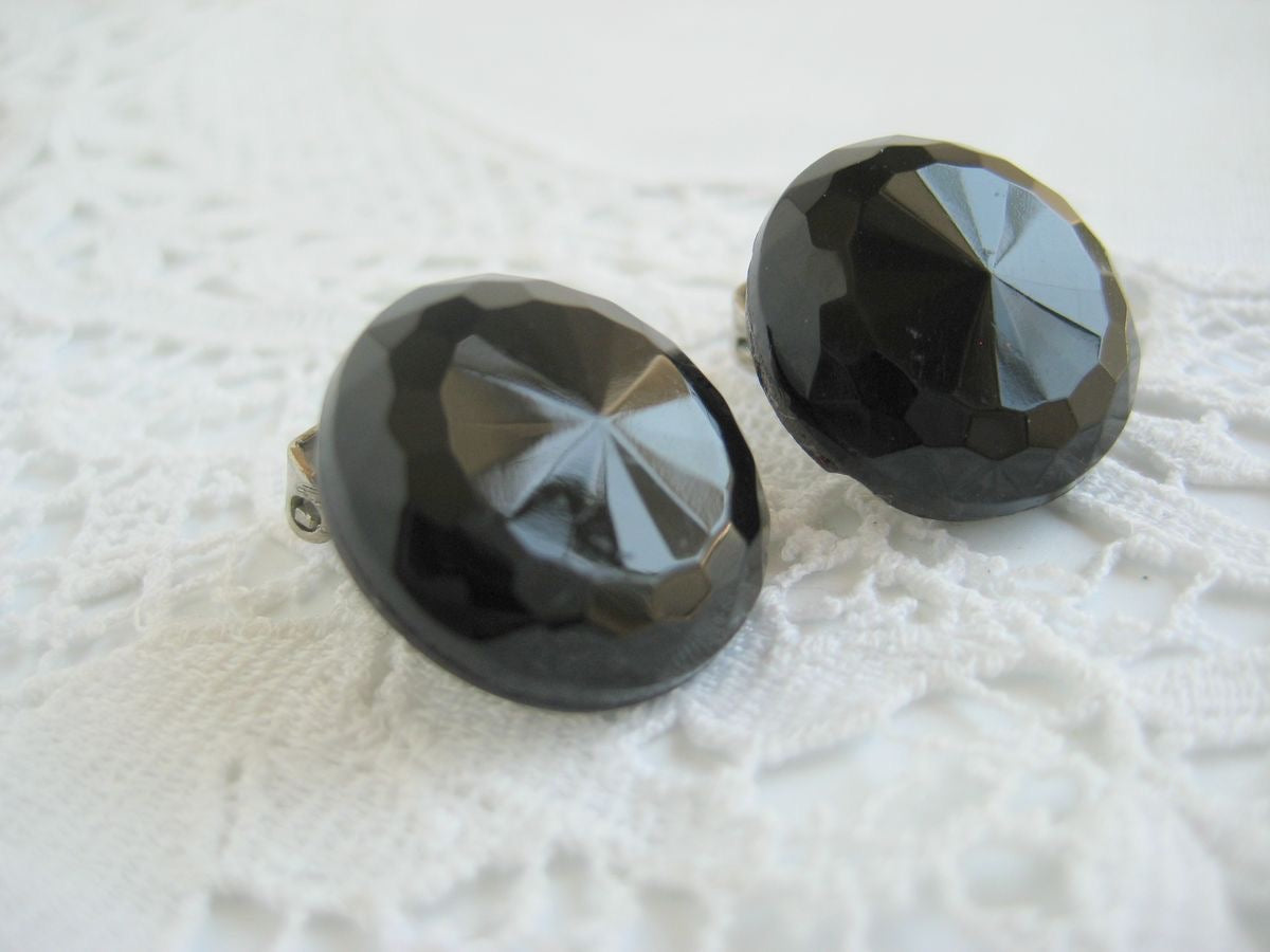 Vintage Black Faceted Glass Button Earrings