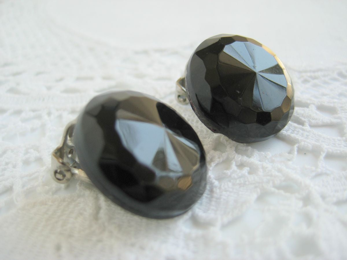 Vintage Black Faceted Glass Button Earrings