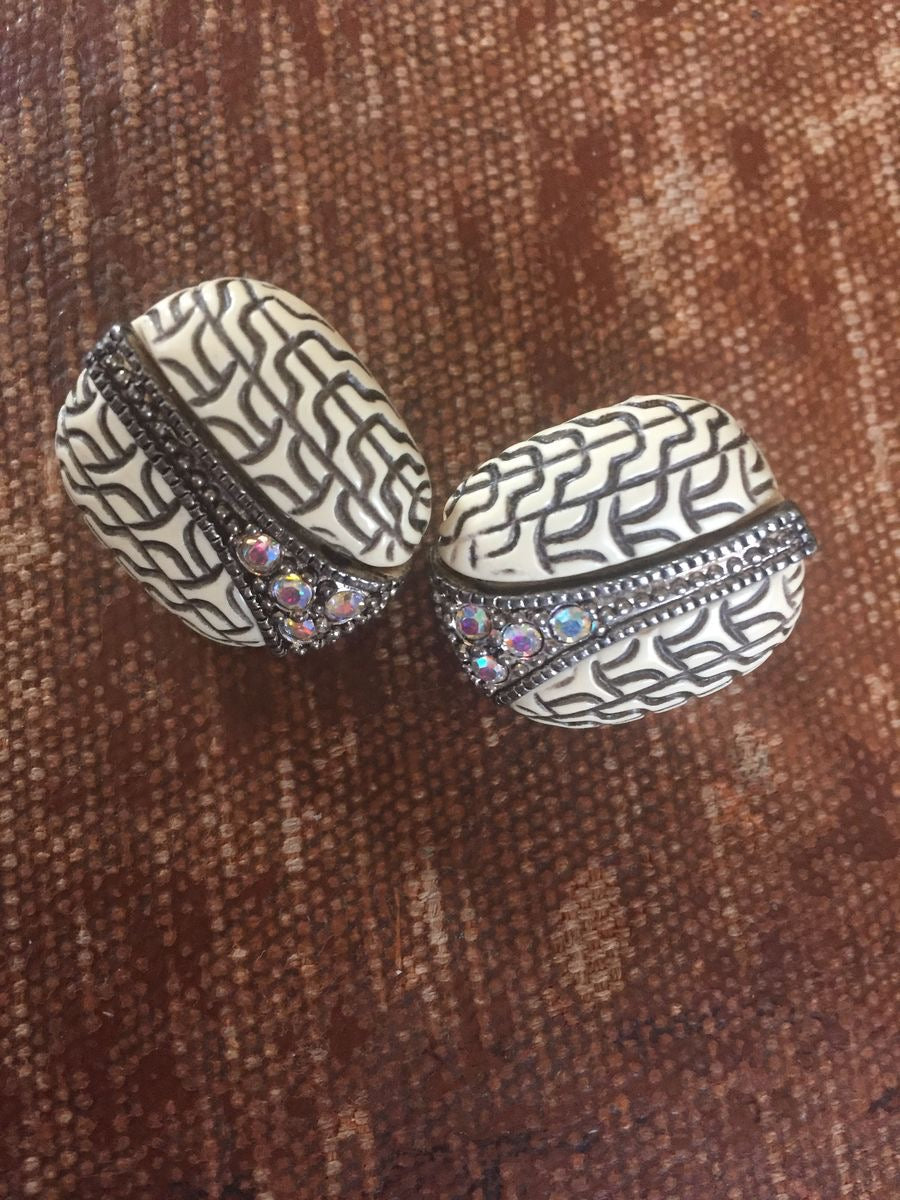 Carved Faux Ivory AB Rhinestone Earrings