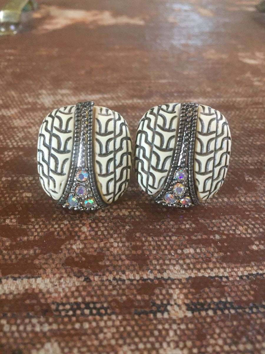 Carved Faux Ivory AB Rhinestone Earrings