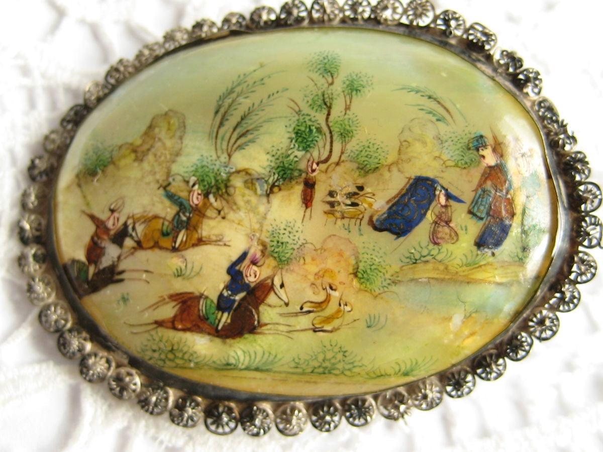 Persian Story Brooch Hand Painted MOP
