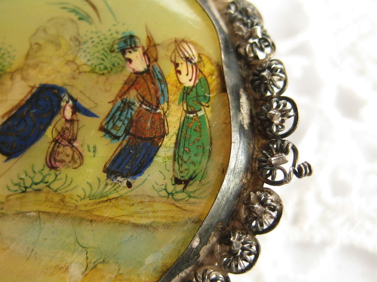 Persian Story Brooch Hand Painted MOP