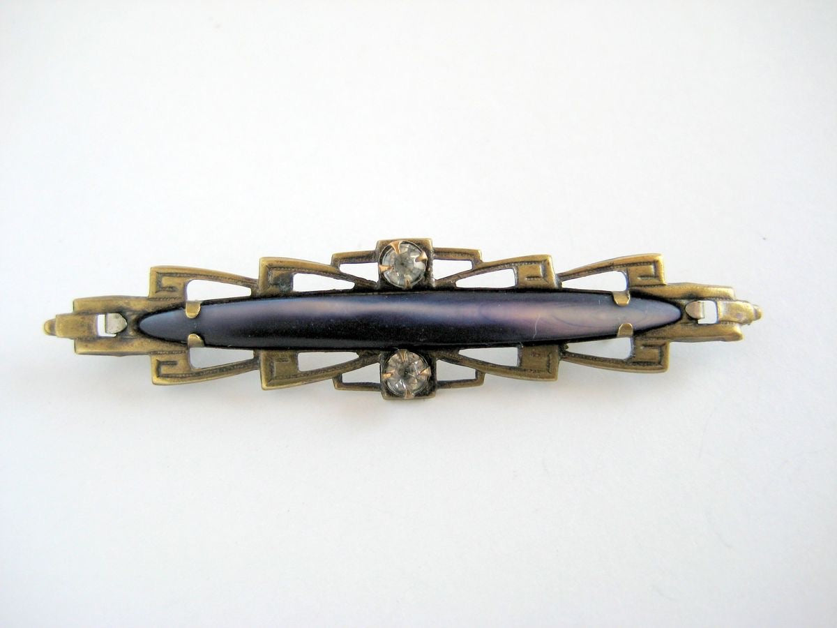 Antique Bar Pin in Brass & Blue Abalone