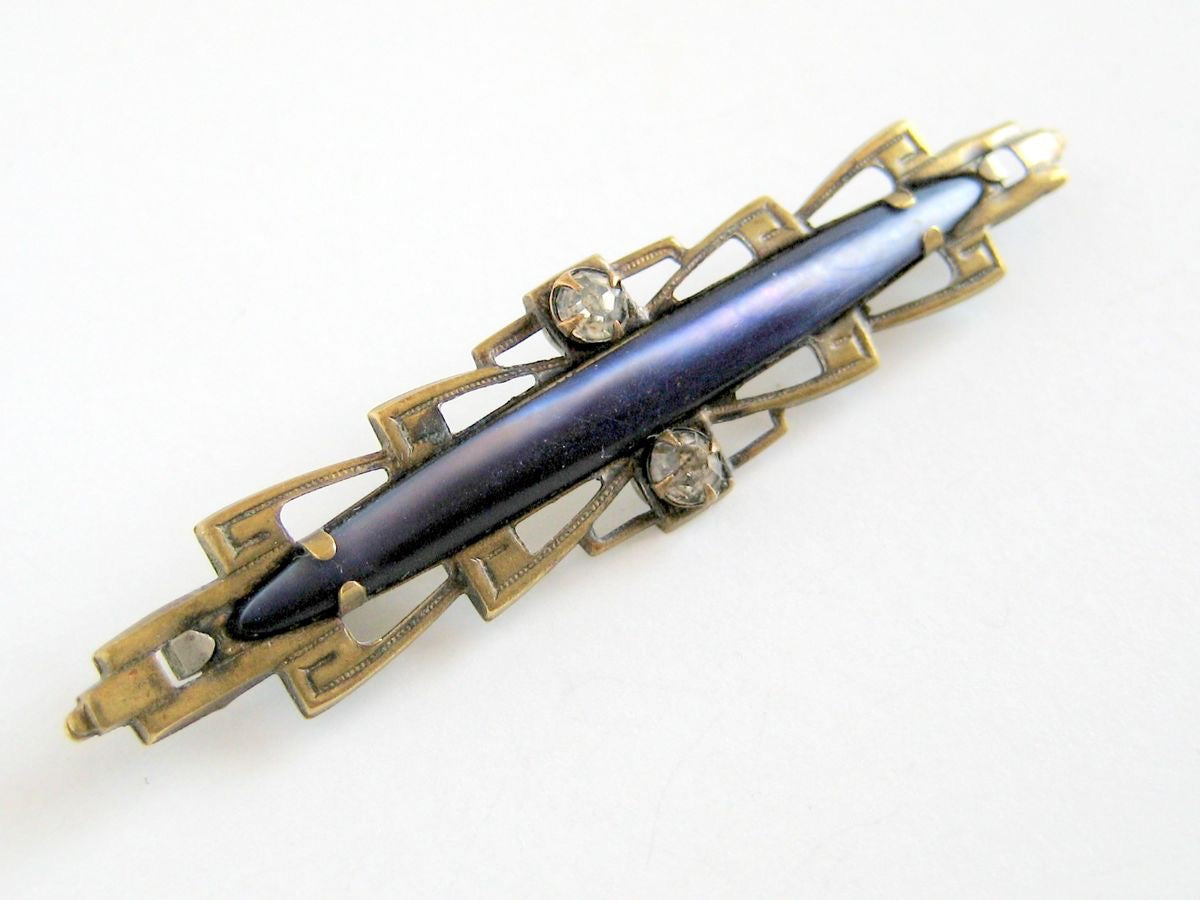 Antique Bar Pin in Brass & Blue Abalone