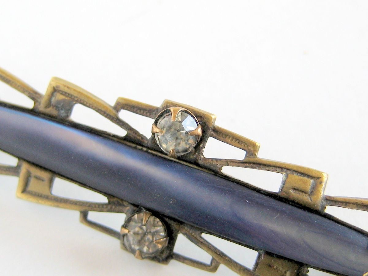 Antique Bar Pin in Brass & Blue Abalone