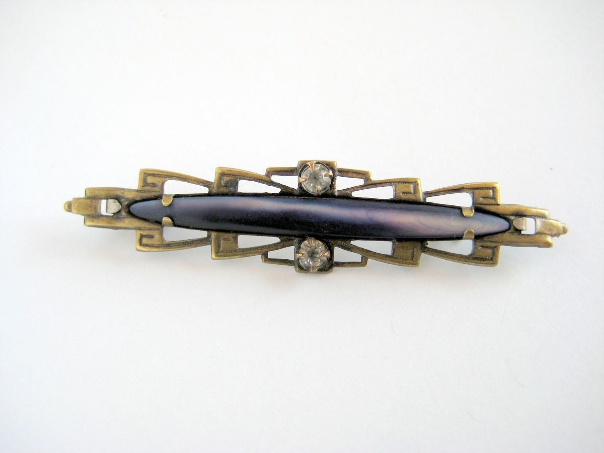 Antique Bar Pin in Brass & Blue Abalone