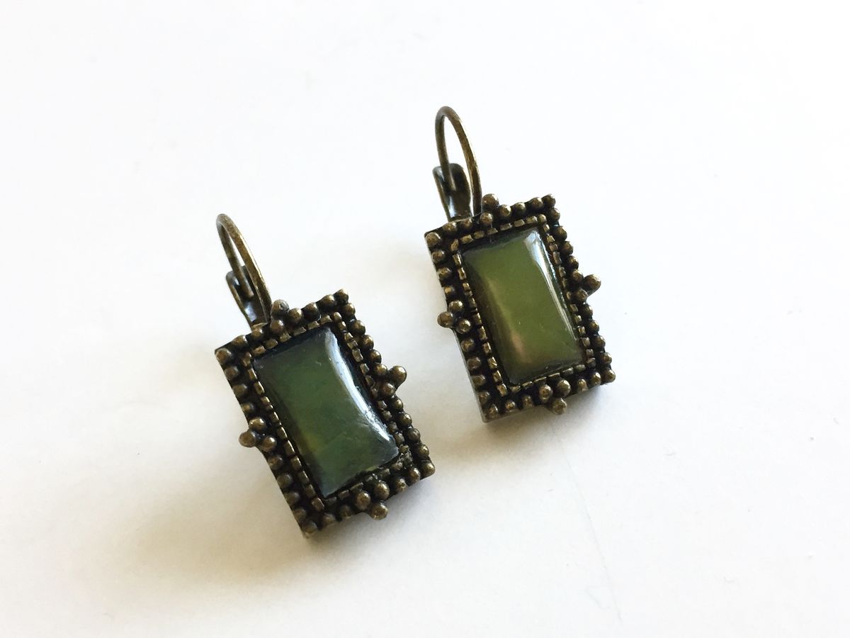 Antiqued Brass Moon Glow Earrings in Green