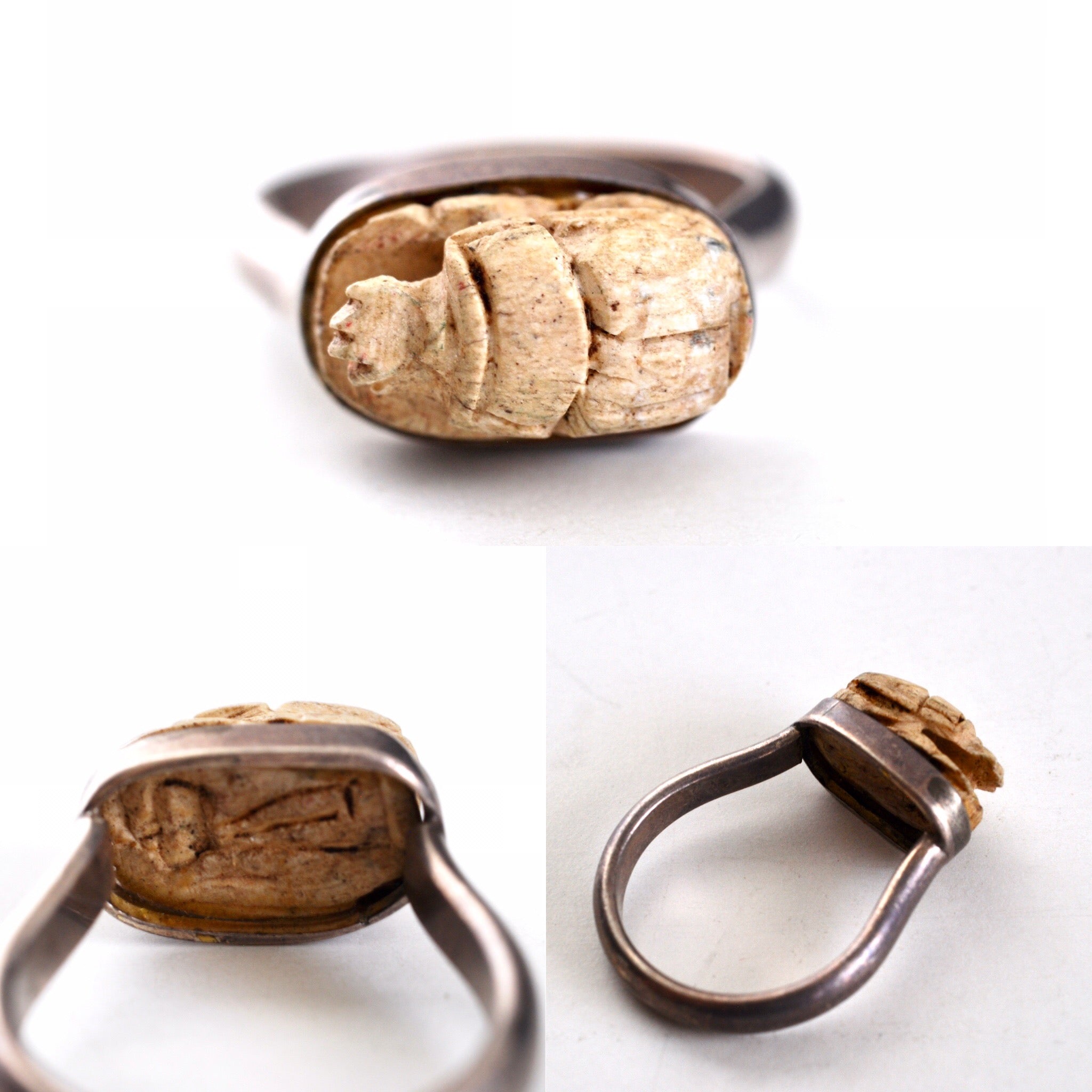 1960s Art Deco Egyptian Revival Era Sterling Silver & Cartouche popular Carved Sandstone Scarab Swivel Ring