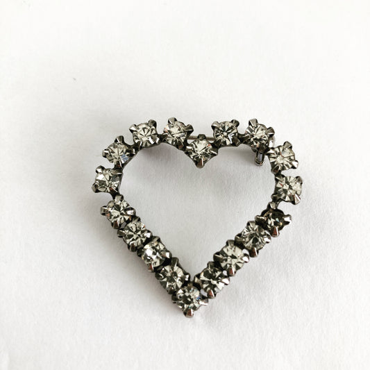 Vintage Clear Rhinestone Open Heart Brooch in Silver