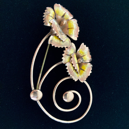 Vintage Double Flower Enamel Vermeil Swirl Brooch