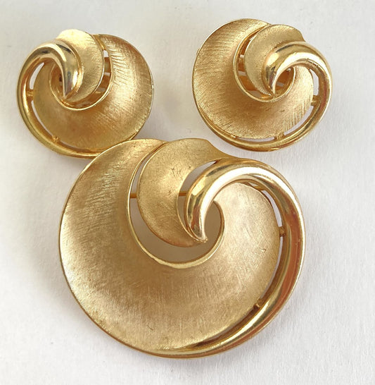 Trifari Textured Gold Swirl Brooch and Earrings