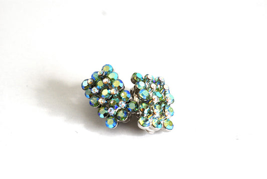 Blue Green Crystal AB Rhinestone & Rhodium Earrings