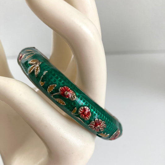 Green Enamel Hinge Bracelet W/Red Flowers