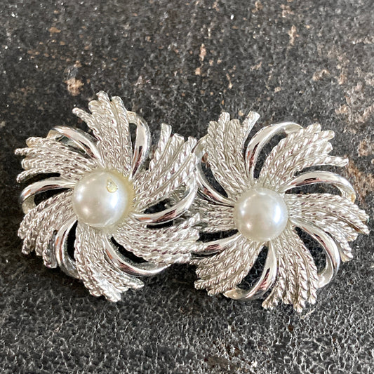 Silver Swirl Earrings w/Pearl Centers Sarah Coventry 