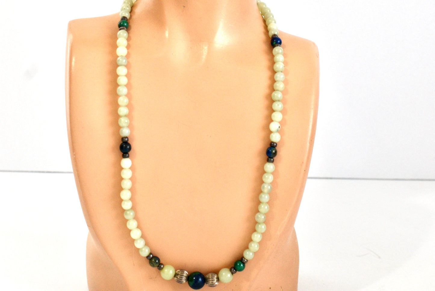 Jadeite Bead Necklace with Malachite, Azurite, and Silver