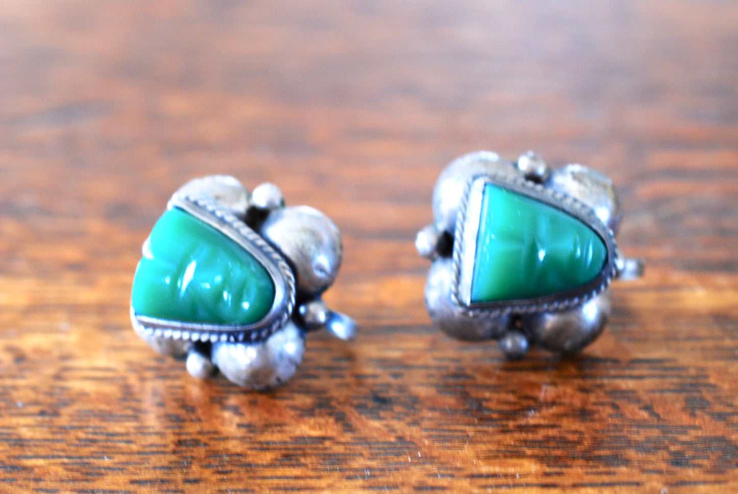 Silver and Green Onyx Warrior Face Earrings Mexico