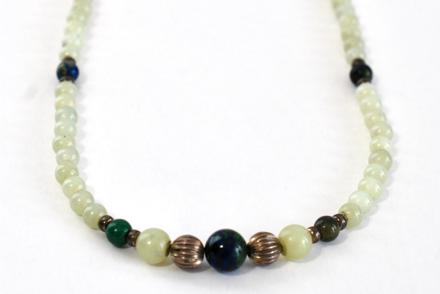 Jadeite Bead Necklace with Malachite, Azurite, and Silver