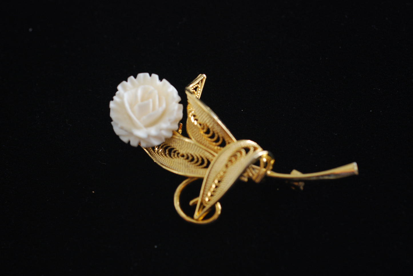 Carved Bone Flower Brooch with Gold Filigree Leaves