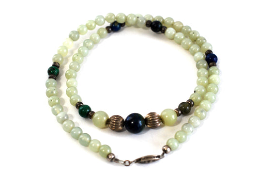 Jadeite Bead Necklace with Malachite, Azurite, and Silver 