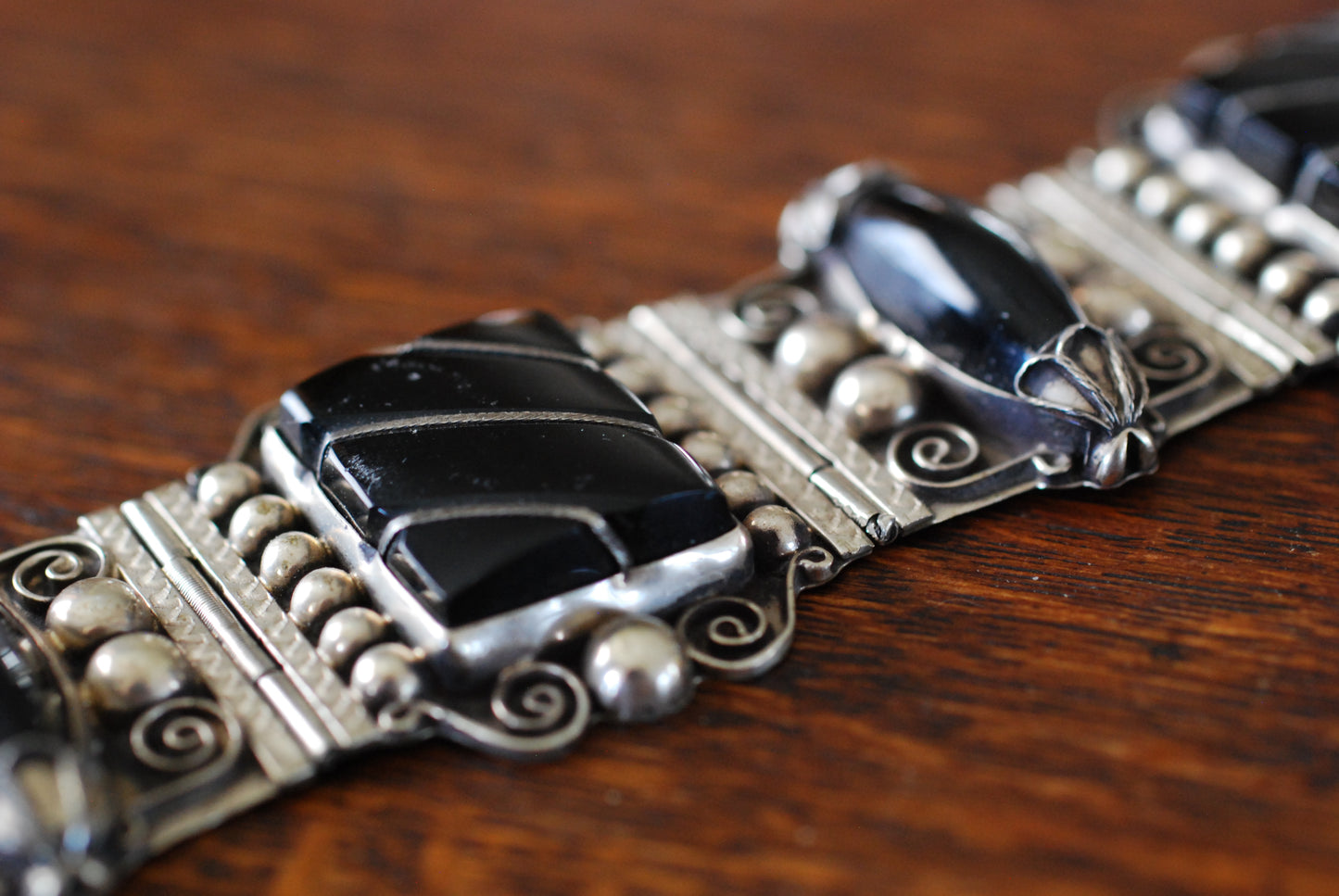 Black Onyx and Silver Mexico Large Panel Bracelet