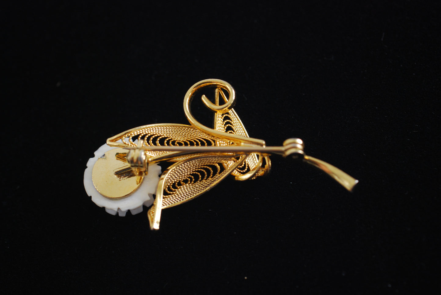 Carved Bone Flower Brooch with Gold Filigree Leaves