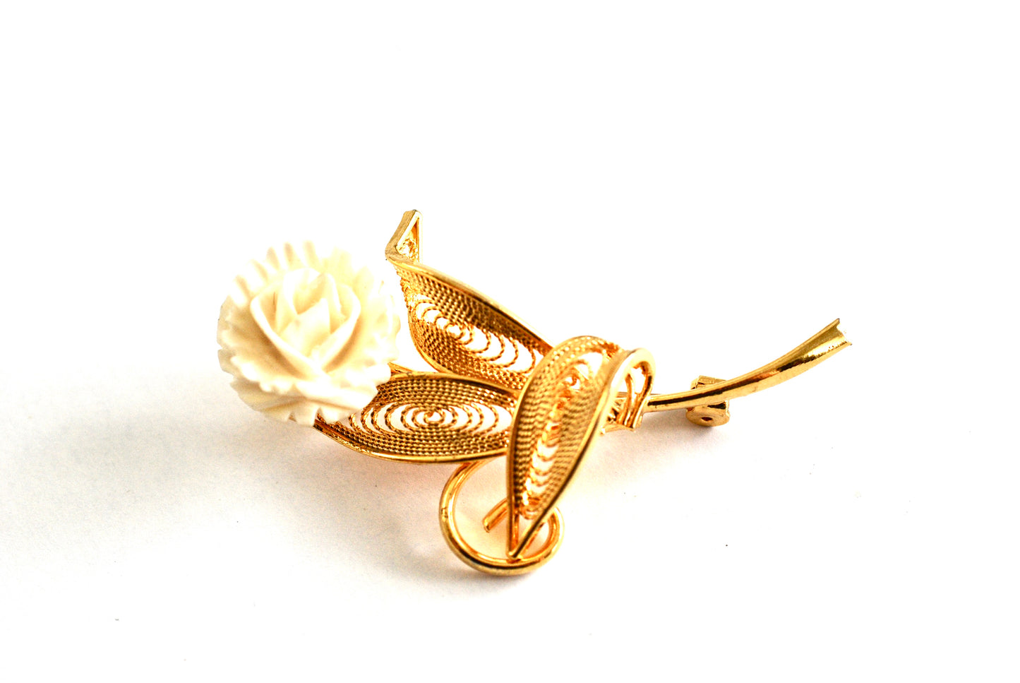 Carved Bone Flower Brooch with Gold Filigree Leaves