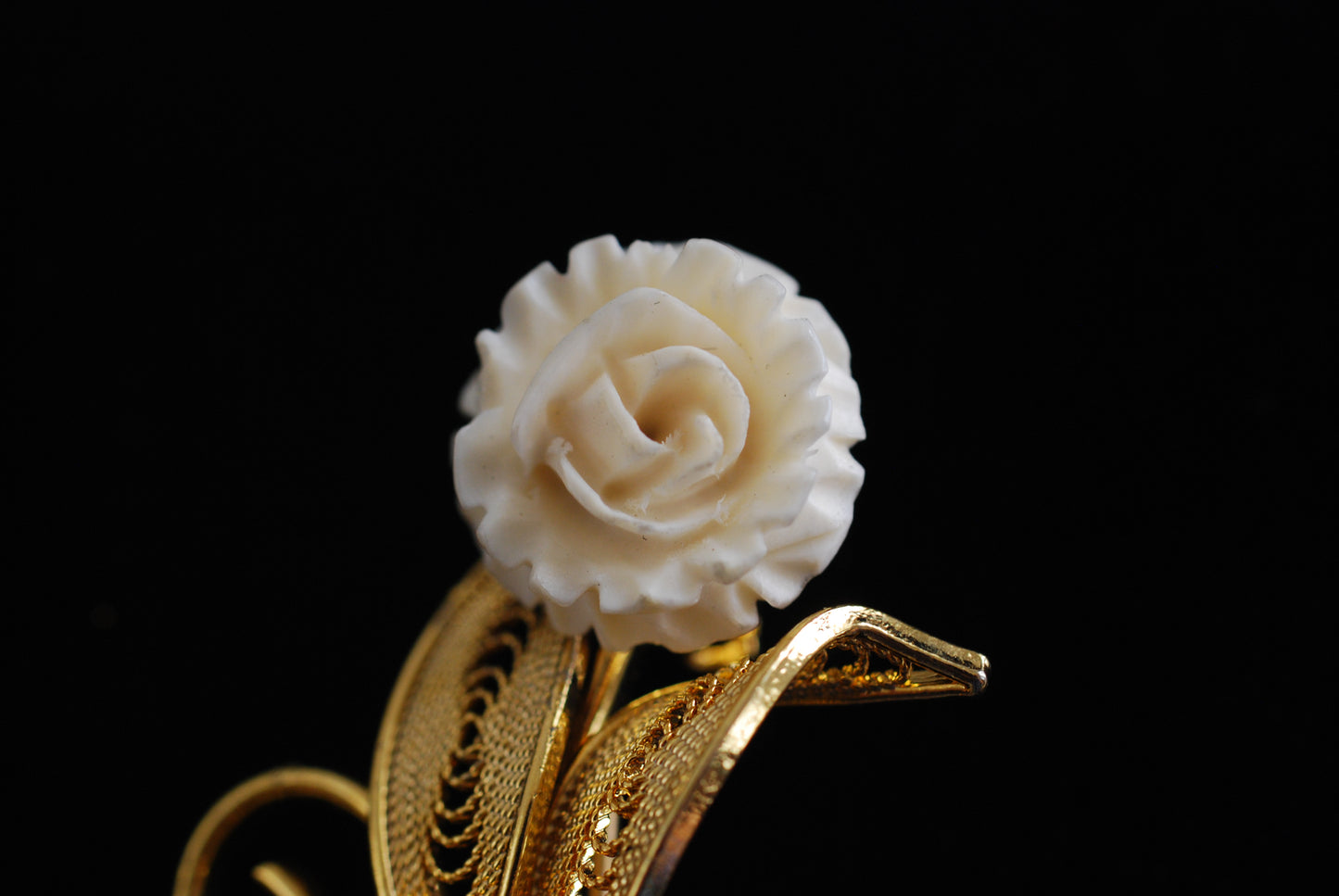 Carved Bone Flower Brooch with Gold Filigree Leaves