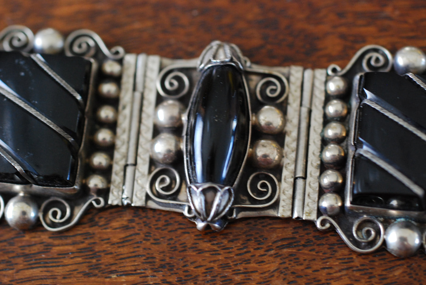 Black Onyx and Silver Mexico Large Panel Bracelet