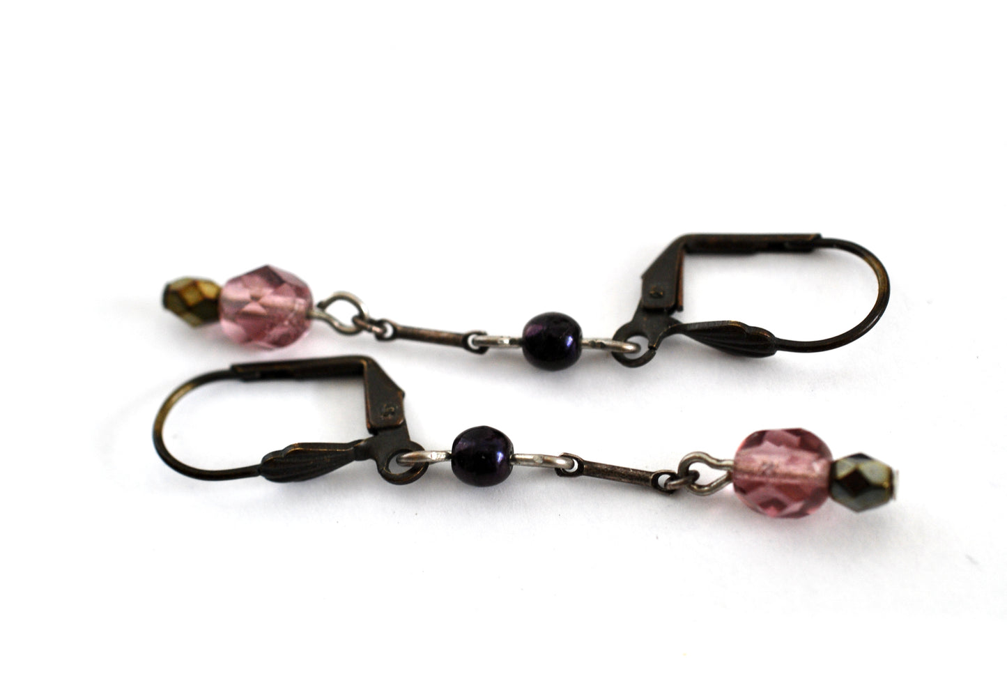 Purple Beaded Drop Earrings Burnished Bronze