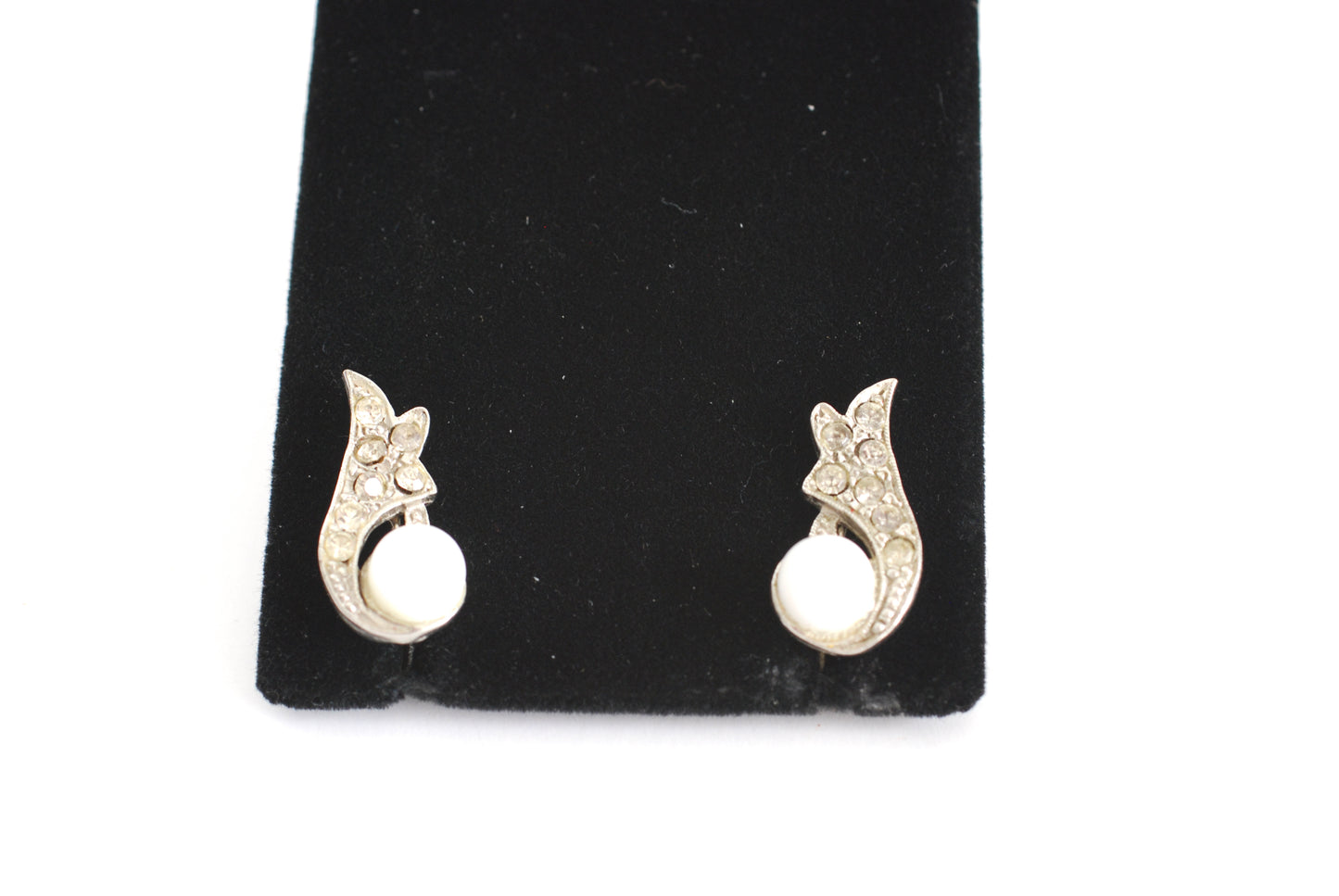 Vintage Rhodium, Milk Glass, Rhinestone Earrings