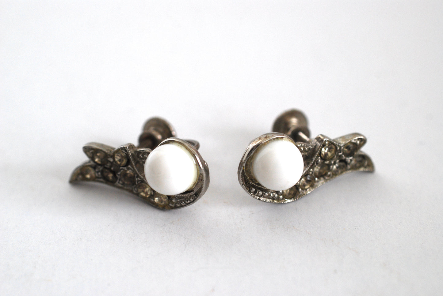 Vintage Rhodium, Milk Glass, Rhinestone Earrings