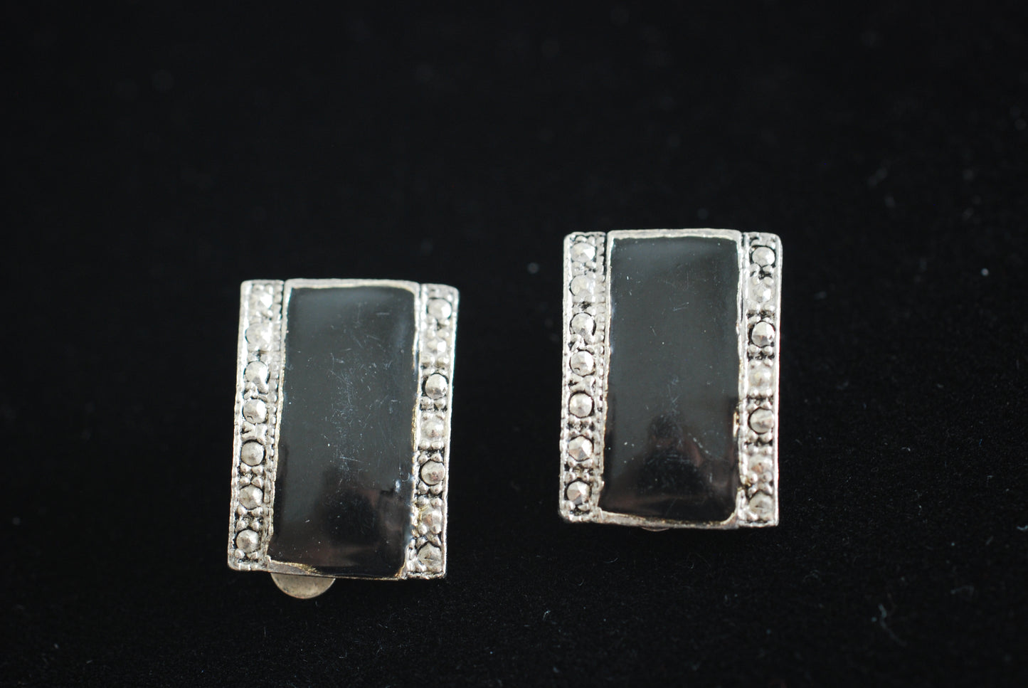 Vintage Black Enamel and Faux Marcasite Pewter Look Earrings