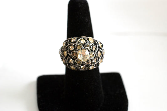 Vintage 1960's Large Domed Cocktail Ring Silver tone with Rhinestones Adjustable