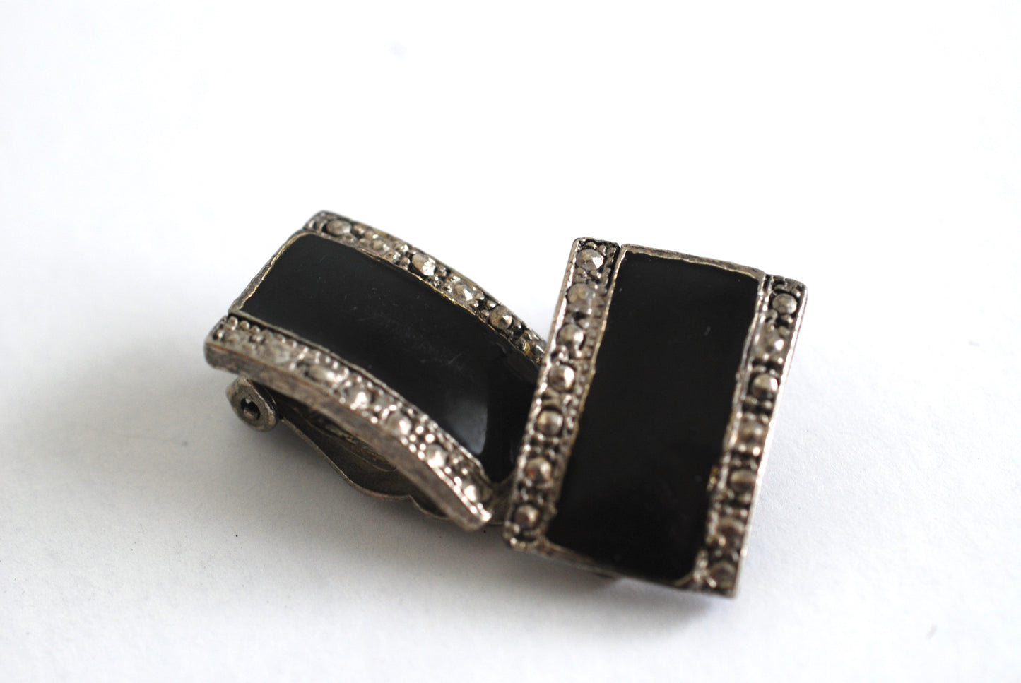 Vintage Black Enamel and Faux Marcasite Pewter Look Earrings