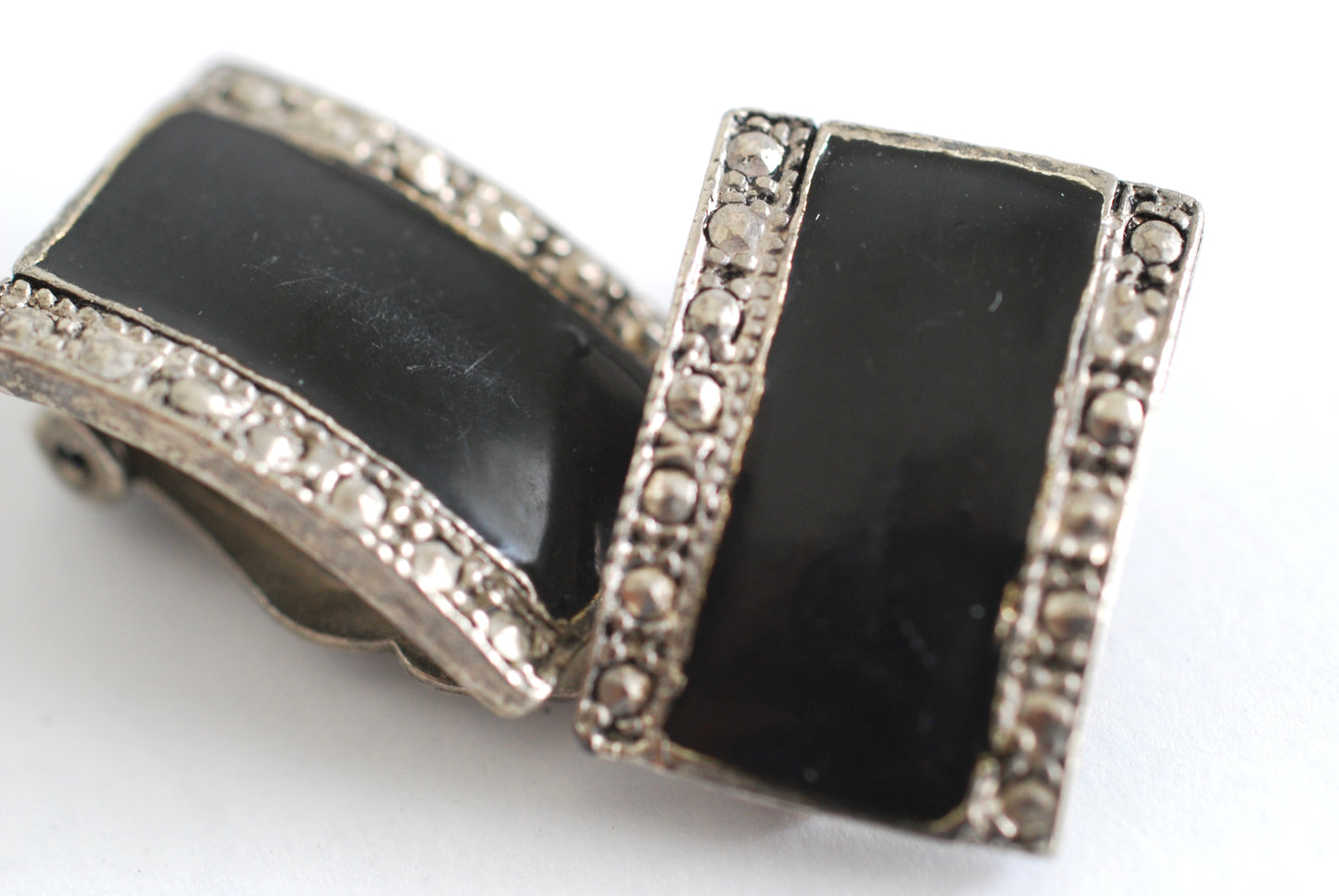 Vintage Black Enamel and Faux Marcasite Pewter Look Earrings