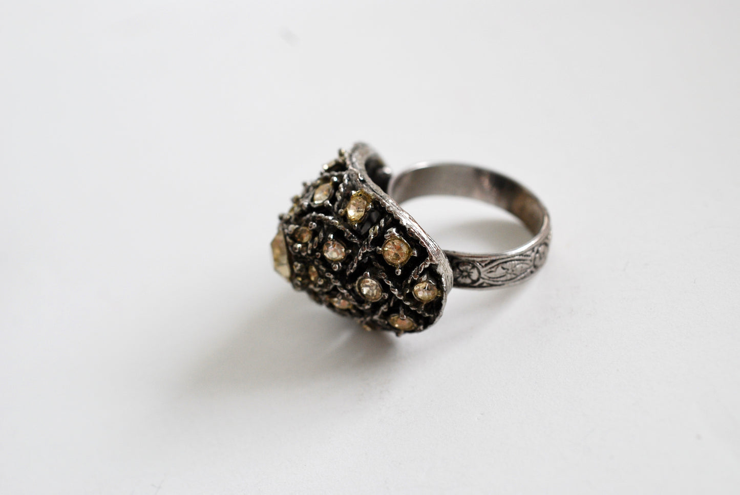 Vintage 1960's Large Domed Cocktail Ring Silver tone with Rhinestones Adjustable