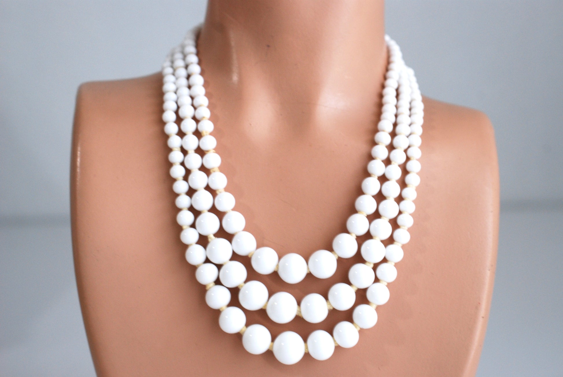 Vintage Three Strand Milk Glass Choker Necklace