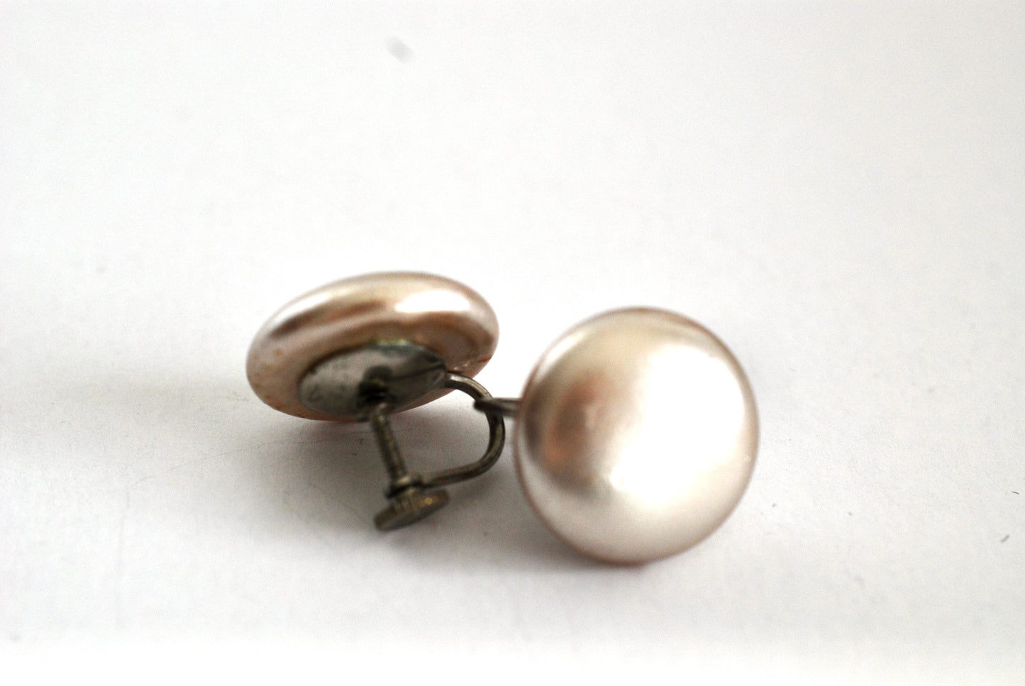 Vintage Taupe Pearl Button Screw Back Earrings Marked Japan