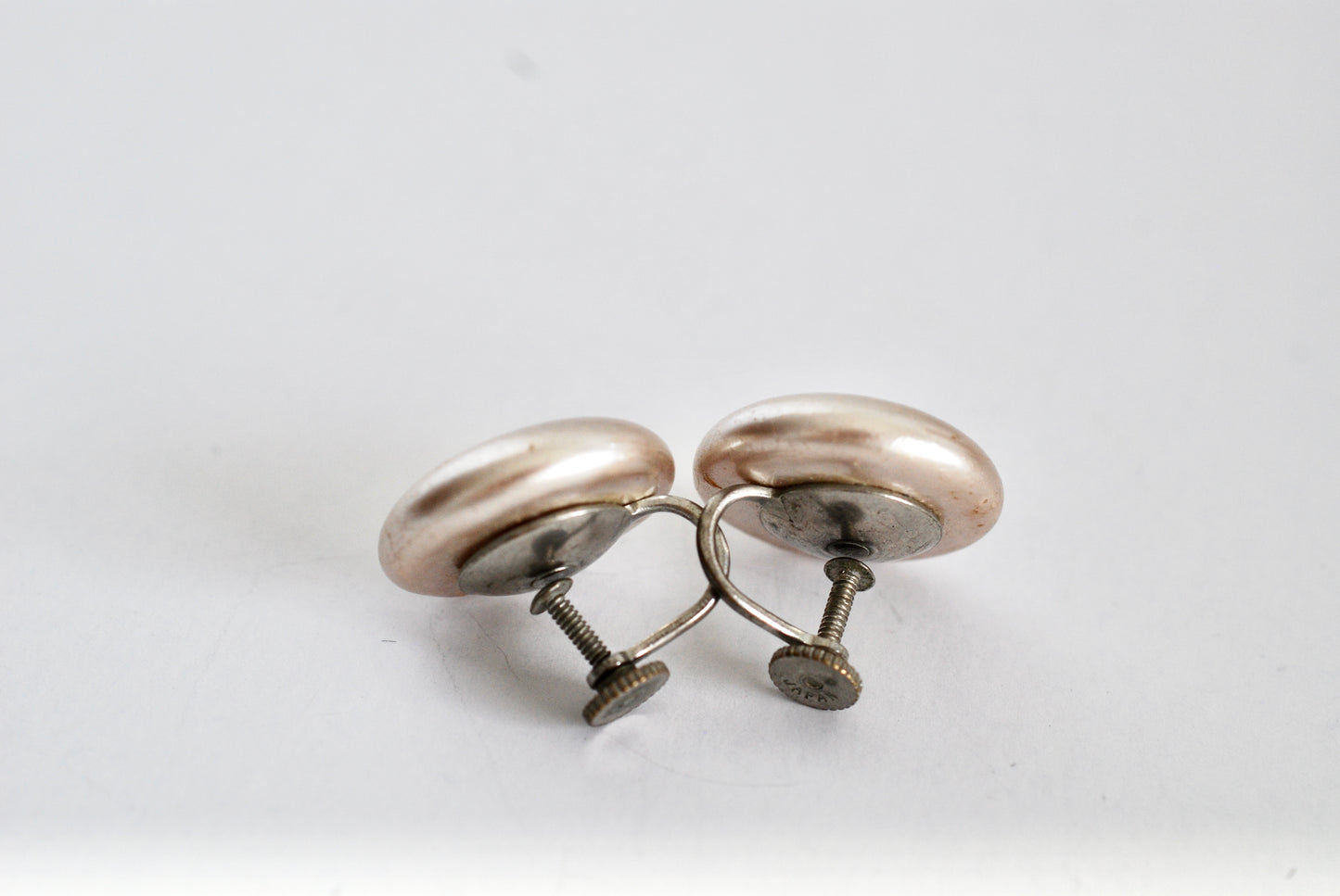 Vintage Taupe Pearl Button Screw Back Earrings Marked Japan