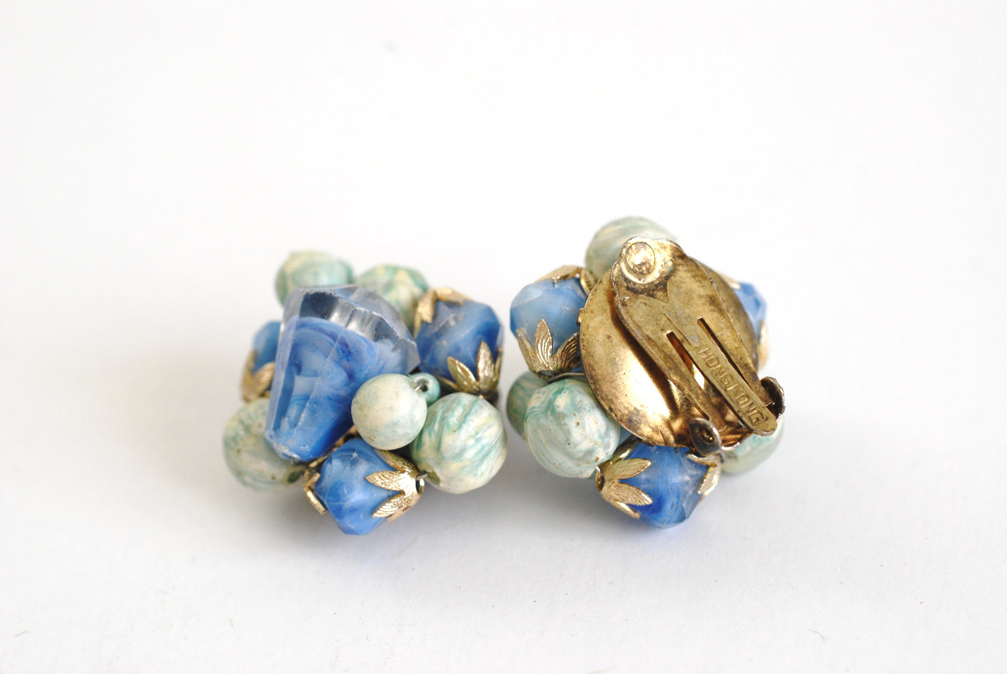 Vintage Blue Cluster Earrings Marked Hong Kong