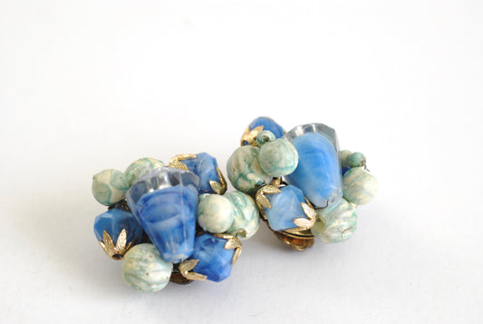 Vintage Blue Cluster Earrings Marked Hong Kong 